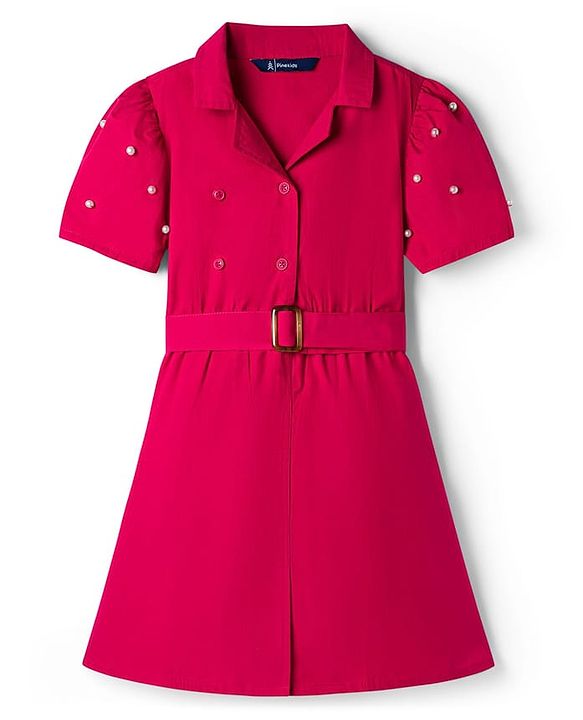 Pine Kids Poplin Woven Half Sleeves Dress with Pearl Applique - Dark Pink