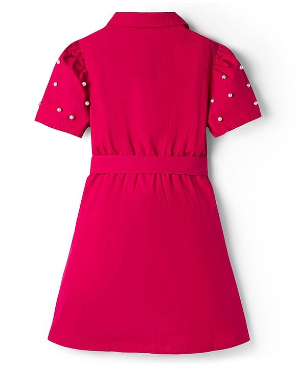 Pine Kids Poplin Woven Half Sleeves Dress with Pearl Applique - Dark Pink