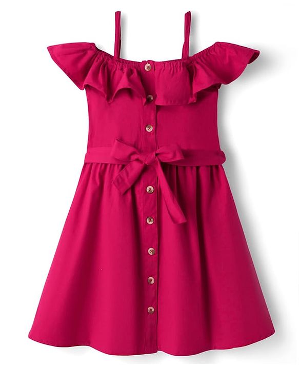 Pine Kids Poplin Woven Half Sleeves Solid Frock With Belt & Pearl Detailing - Dark Pink