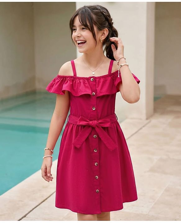 Pine Kids Poplin Woven Half Sleeves Solid Frock With Belt & Pearl Detailing - Dark Pink