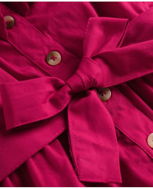Pine Kids Poplin Woven Half Sleeves Solid Frock With Belt & Pearl Detailing - Dark Pink