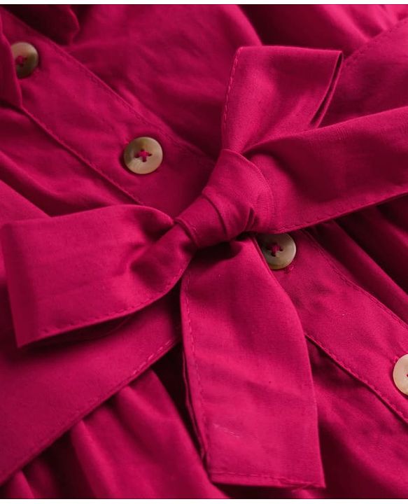 Pine Kids Poplin Woven Half Sleeves Solid Frock With Belt & Pearl Detailing - Dark Pink