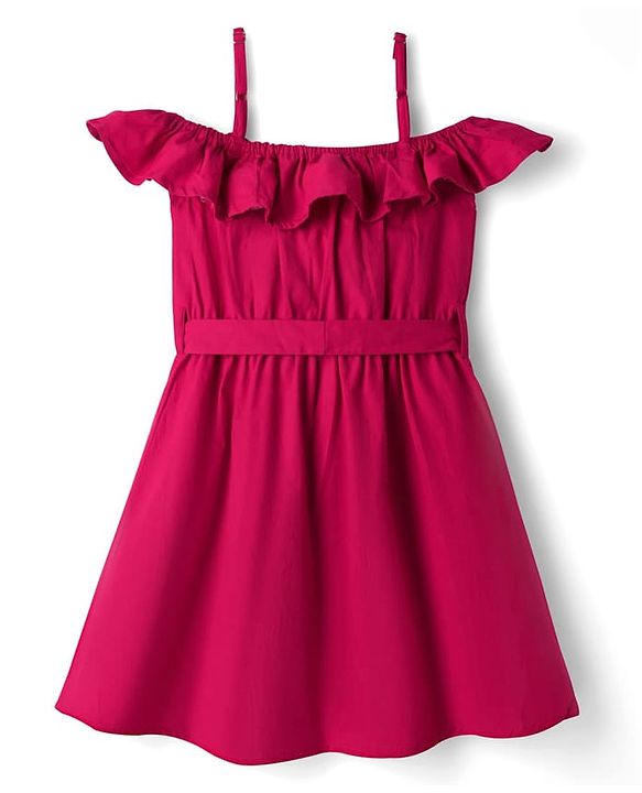 Pine Kids Poplin Woven Half Sleeves Solid Frock With Belt & Pearl Detailing - Dark Pink