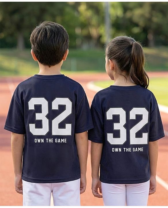 Pine Active Knit Drop Shoulder Half Sleeves T-Shirt with Numbers Print - Navy Blue