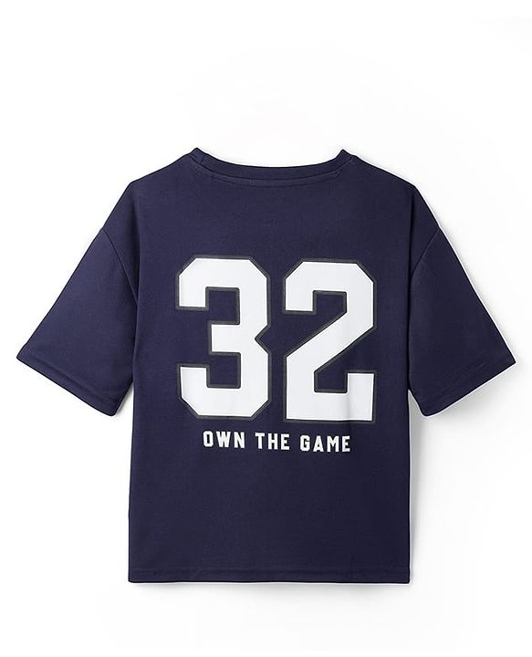 Pine Active Knit Drop Shoulder Half Sleeves T-Shirt with Numbers Print - Navy Blue
