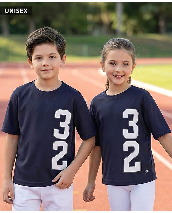 Pine Active Knit Drop Shoulder Half Sleeves T-Shirt with Numbers Print - Navy Blue