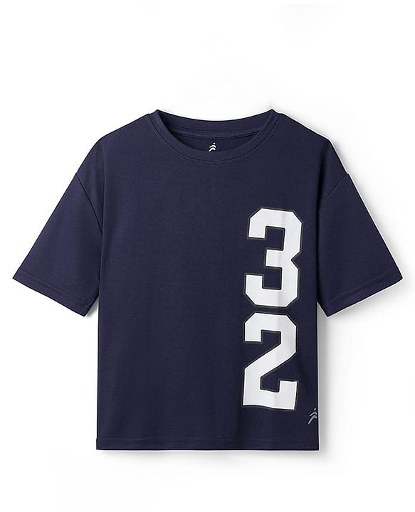 Pine Active Knit Drop Shoulder Half Sleeves T-Shirt with Numbers Print - Navy Blue