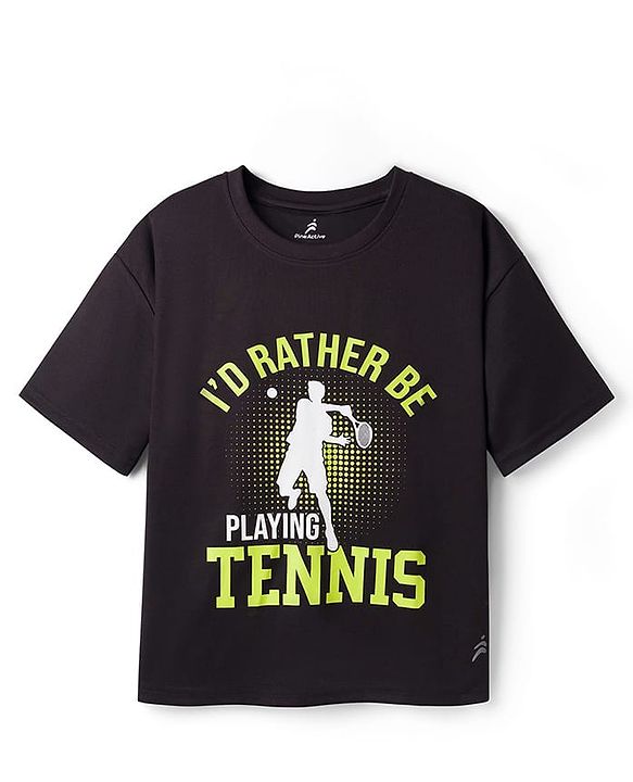 Pine Active Knit Drop Shoulder Half Sleeves T-Shirt with Sports Print - Black