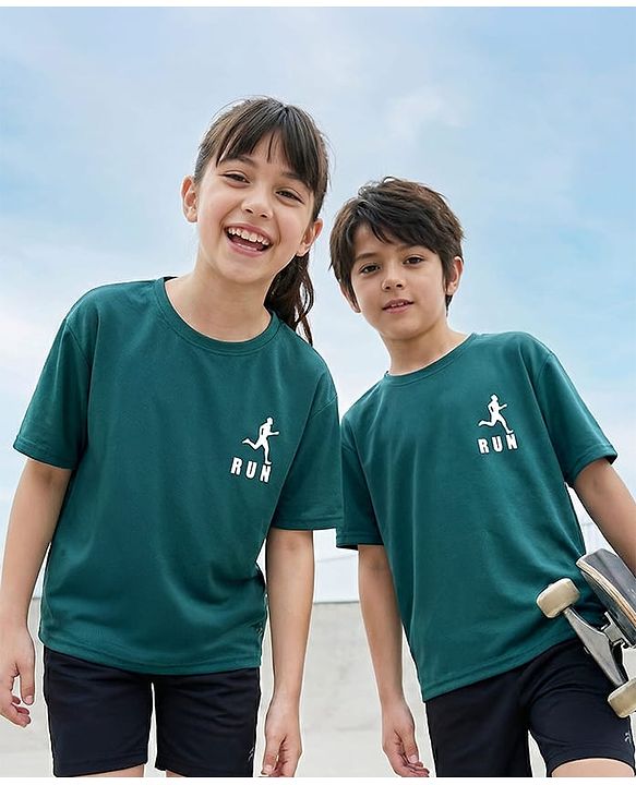 Pine Active Knit Drop Shoulder Half Sleeves T-Shirt with Sports Print - Green