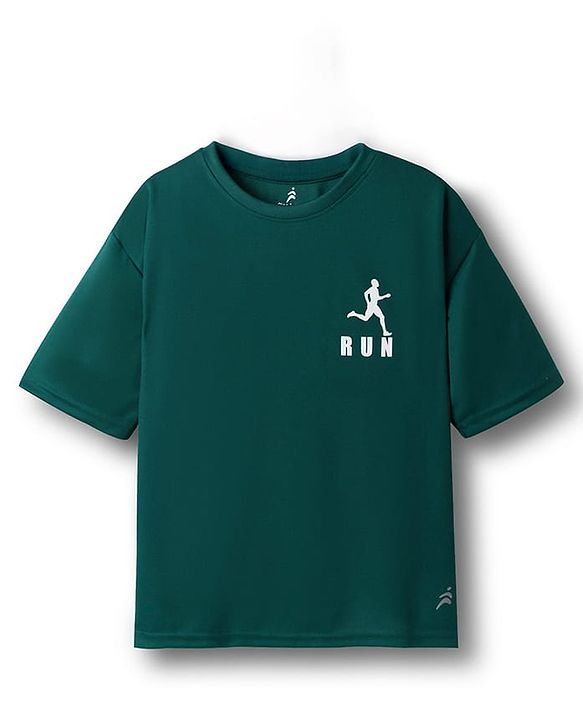 Pine Active Knit Drop Shoulder Half Sleeves T-Shirt with Sports Print - Green