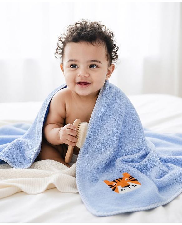Babyhug Knit Towel with Tiger Embroidery L 95 x B 50.5 cm - Light Blue