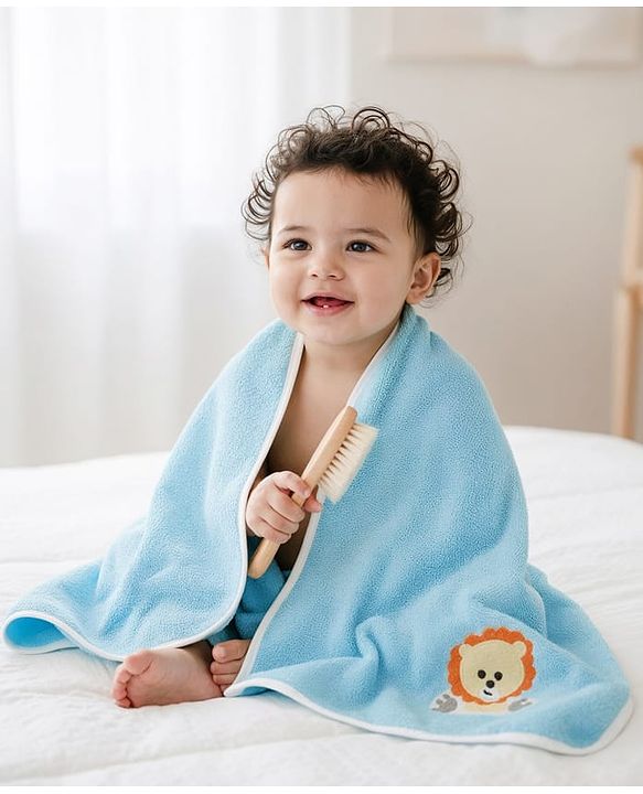 Babyhug Knit Towel with Tiger Embroidery L 95 x B 50.5 cm - Light Blue