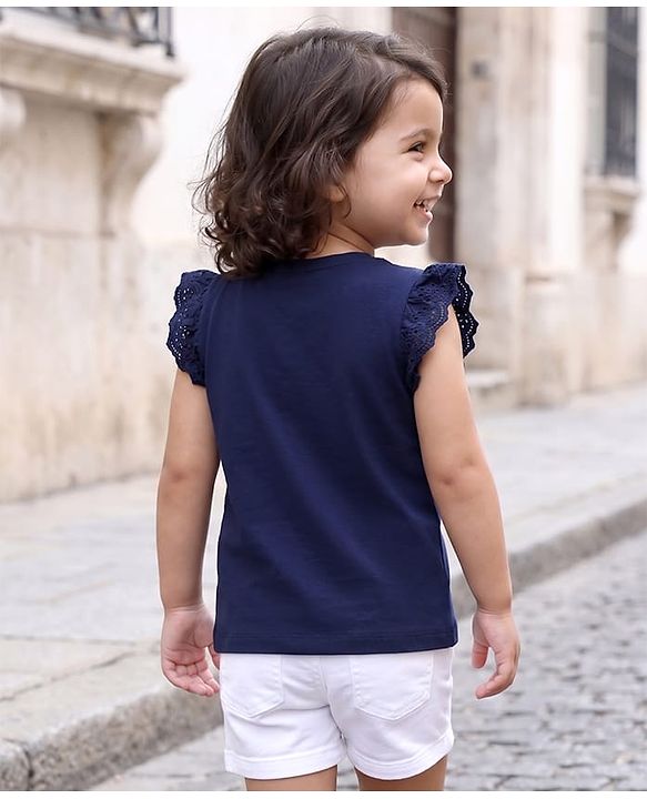 Babyhug Cotton Knit Half Sleeves T-Shirt With Floral Print & Sequin Detailing - Navy Blue