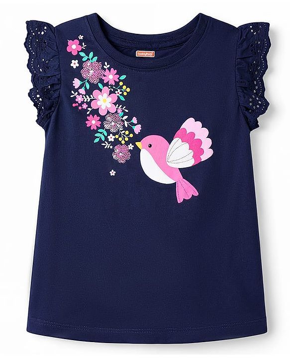 Babyhug Cotton Knit Half Sleeves T-Shirt With Floral Print & Sequin Detailing - Navy Blue