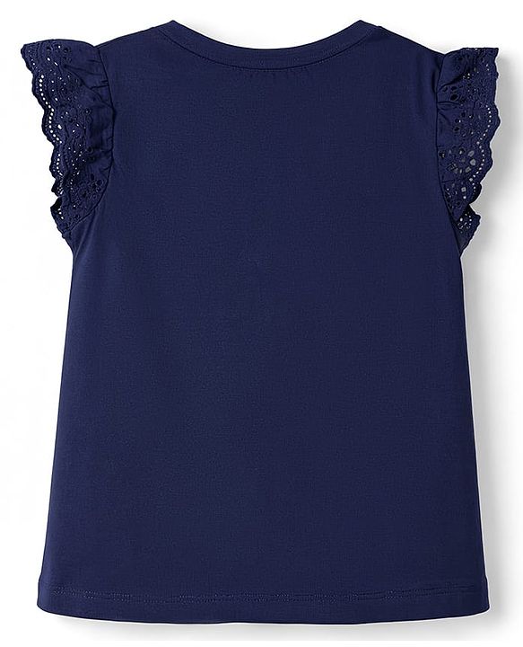 Babyhug Cotton Knit Half Sleeves T-Shirt With Floral Print & Sequin Detailing - Navy Blue