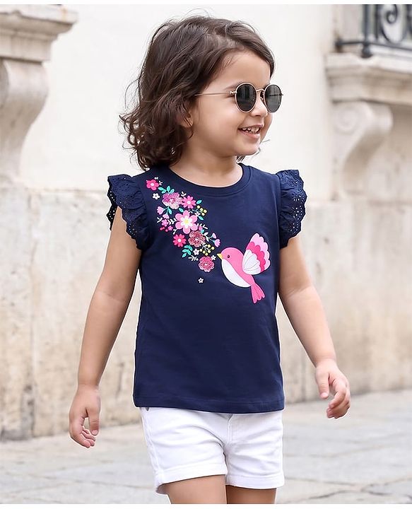 Babyhug Cotton Knit Half Sleeves T-Shirt With Floral Print & Sequin Detailing - Navy Blue