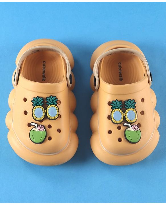 Cute Walk by Babyhug Back Strap Solid Clogs With Beach Theme Applique - Mustard