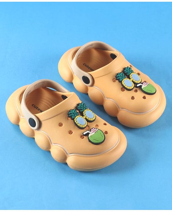 Cute Walk by Babyhug Back Strap Solid Clogs With Beach Theme Applique - Mustard