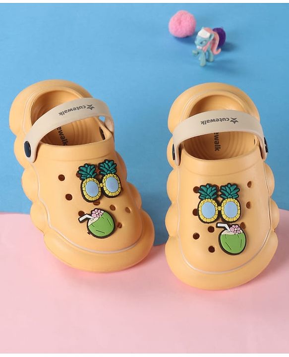 Cute Walk by Babyhug Back Strap Solid Clogs With Beach Theme Applique - Mustard