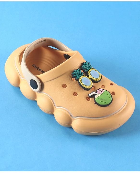 Cute Walk by Babyhug Back Strap Solid Clogs With Beach Theme Applique - Mustard