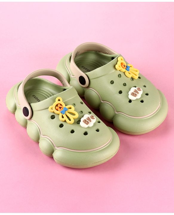 Cute Walk by Babyhug Back Strap Clogs with Applique - Olive Green & Beige