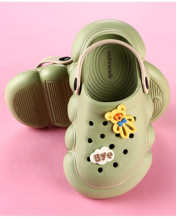 Cute Walk by Babyhug Back Strap Clogs with Applique - Olive Green & Beige
