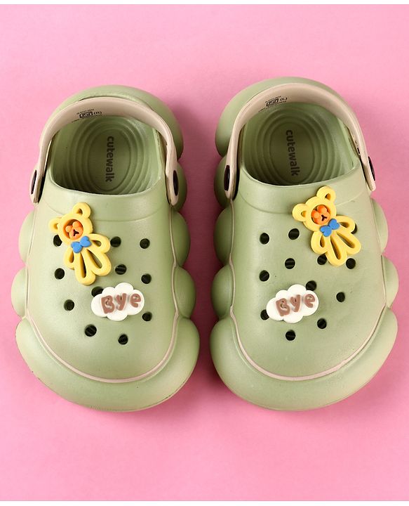Cute Walk by Babyhug Back Strap Clogs with Applique - Olive Green & Beige