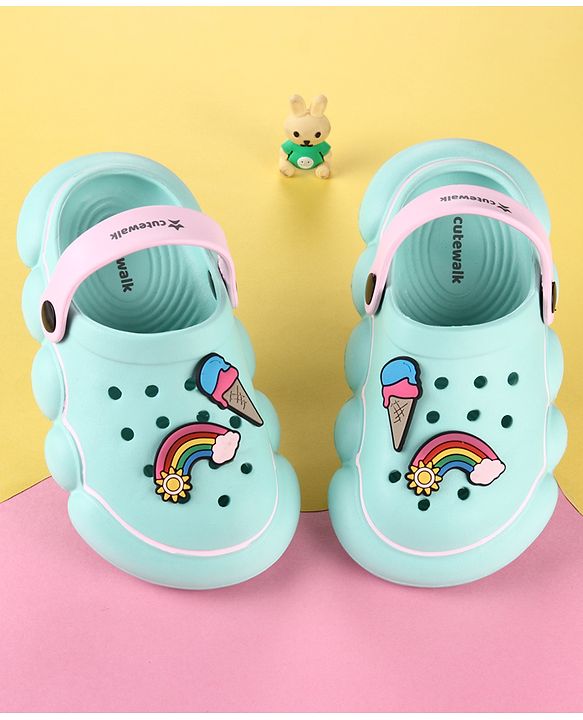 Cute Walk by Babyhug Back Strap Clogs with Rainbow Applique - Mint & Pink