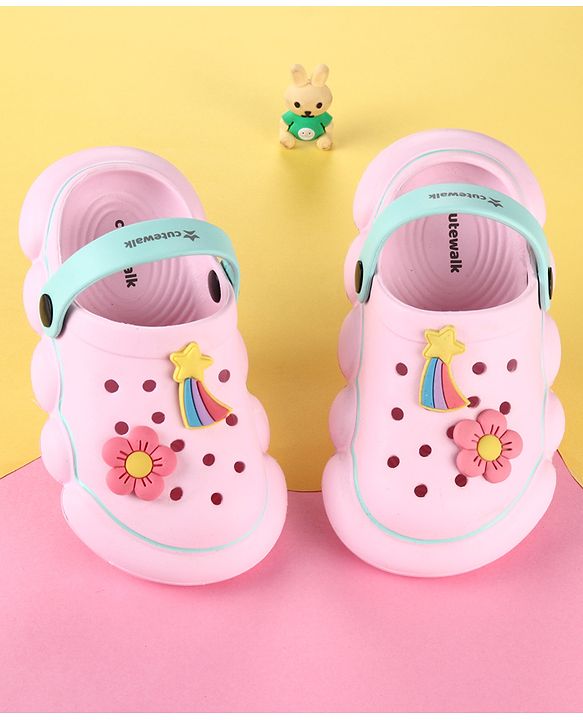 Cute Walk by Babyhug Back Strap Clogs with Floral & Star Applique - Pink & Mint
