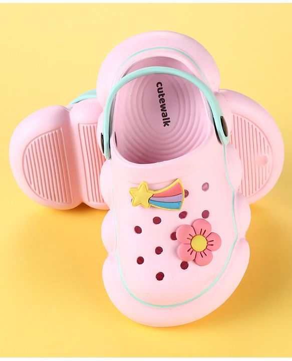 Cute Walk by Babyhug Back Strap Clogs with Floral & Star Applique - Pink & Mint
