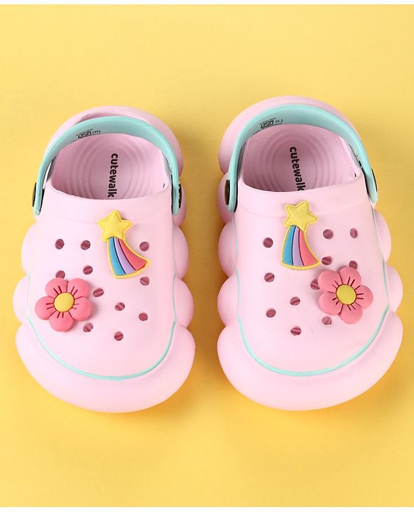 Cute Walk by Babyhug Back Strap Clogs with Floral & Star Applique - Pink & Mint