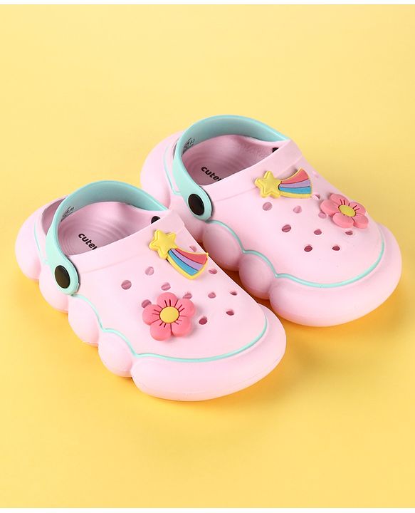 Cute Walk by Babyhug Back Strap Clogs with Floral & Star Applique - Pink & Mint