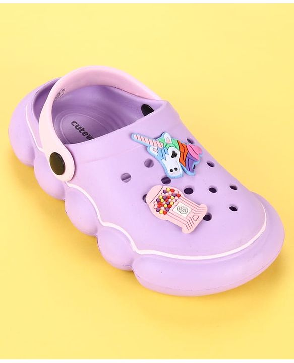 Cute Walk by Babyhug Back Strap Clogs With Unicorn Theme Applique - Purple