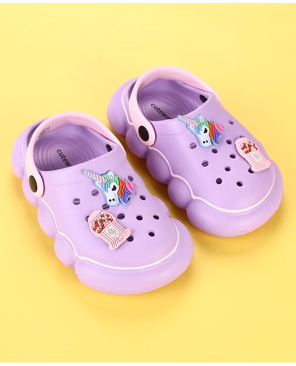 Cute Walk by Babyhug Back Strap Clogs With Unicorn Theme Applique - Purple