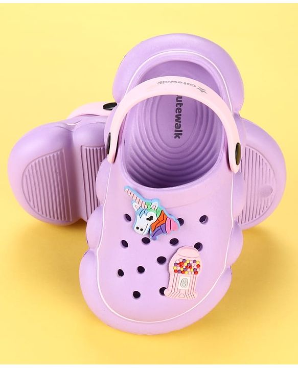 Cute Walk by Babyhug Back Strap Clogs With Unicorn Theme Applique - Purple