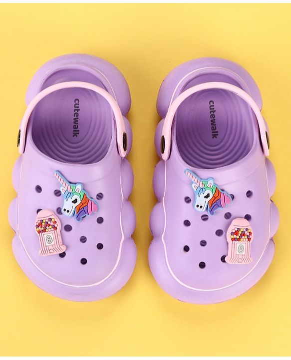 Cute Walk by Babyhug Back Strap Clogs With Unicorn Theme Applique - Purple