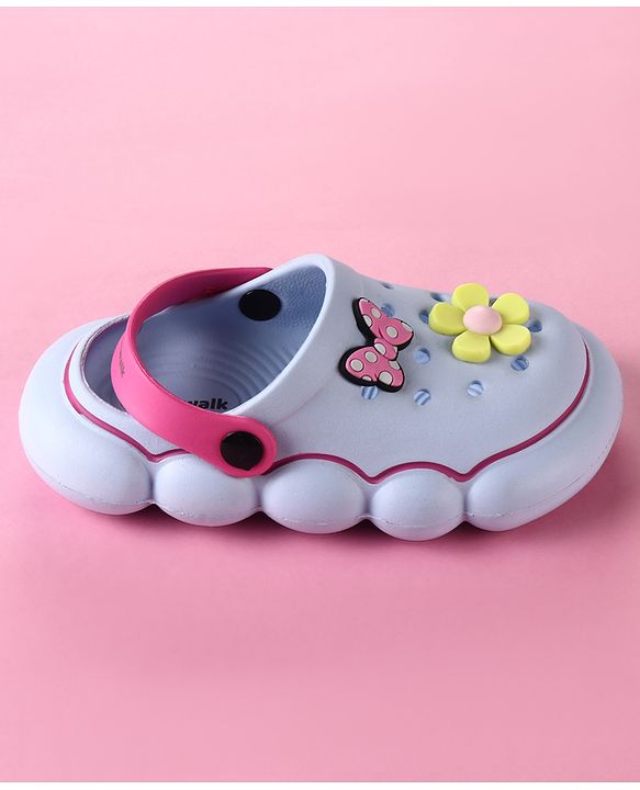 Cute Walk by Babyhug Back Strap Clogs with Floral & Bow Applique - Blue & Fuchsia
