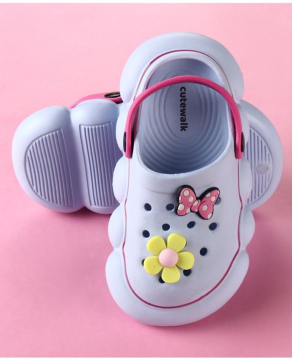 Cute Walk by Babyhug Back Strap Clogs with Floral & Bow Applique - Blue & Fuchsia