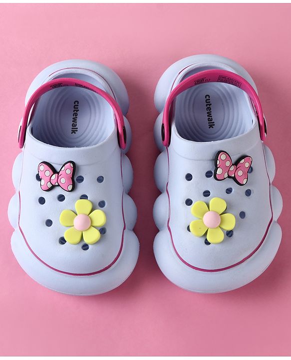 Cute Walk by Babyhug Back Strap Clogs with Floral & Bow Applique - Blue & Fuchsia
