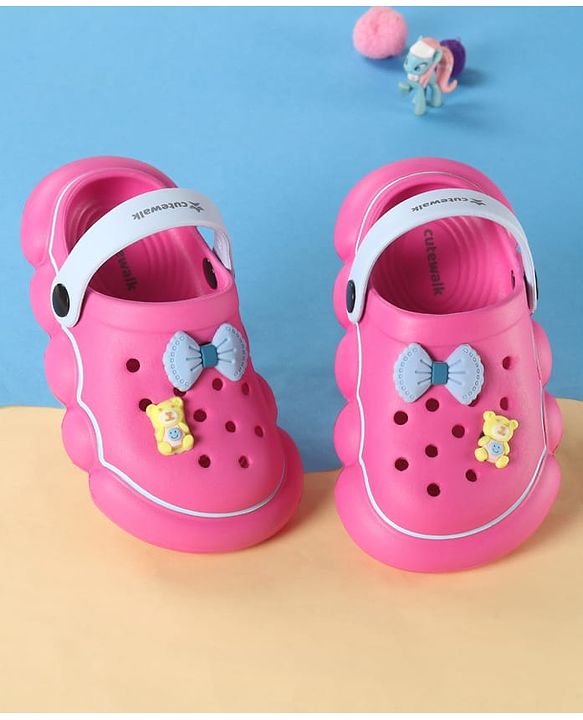 Cute Walk by Babyhug Back Strap Solid Clog With Bear & Bow Applique - Fuchsia