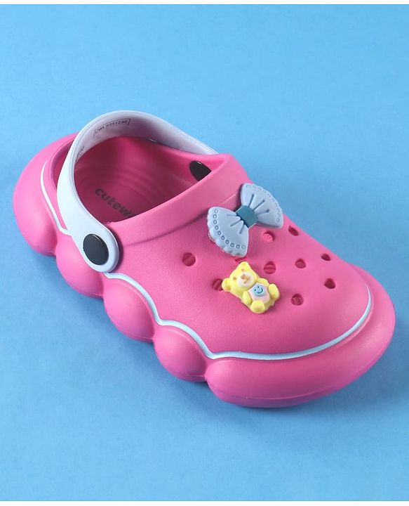 Cute Walk by Babyhug Back Strap Solid Clog With Bear & Bow Applique - Fuchsia