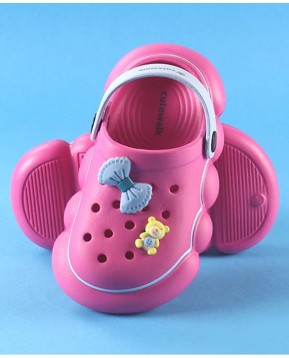Cute Walk by Babyhug Back Strap Solid Clog With Bear & Bow Applique - Fuchsia