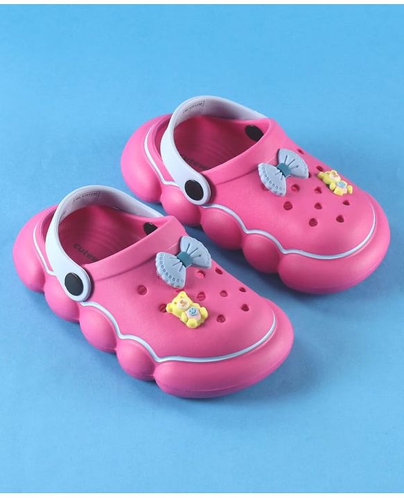 Cute Walk by Babyhug Back Strap Solid Clog With Bear & Bow Applique - Fuchsia