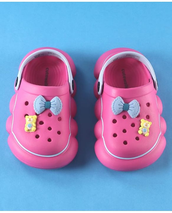 Cute Walk by Babyhug Back Strap Solid Clog With Bear & Bow Applique - Fuchsia