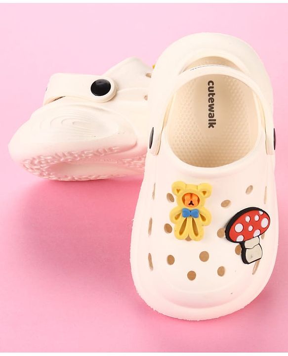 Cute Walk by Babyhug Clogs with Back Strap & Mushroom Applique - Off White