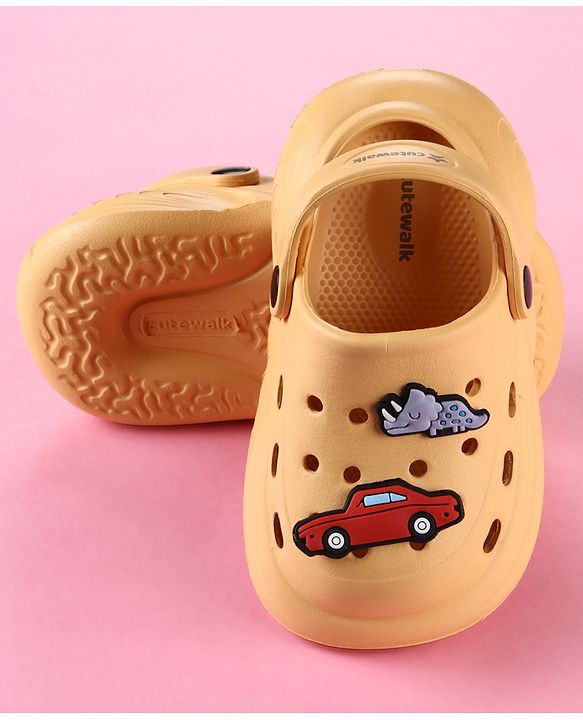 Cute Walk by Babyhug Back Strap Clogs with Car Applique - Mustard