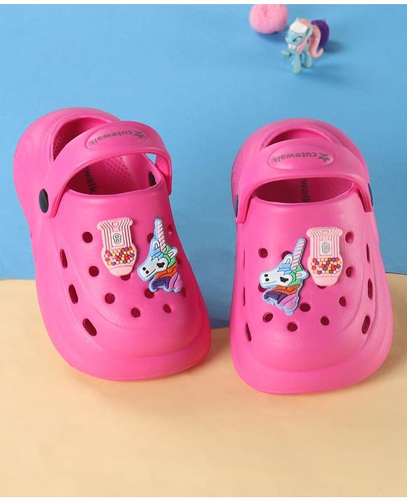Cute Walk by Babyhug Back Strap Solid Clogs With Unicorn Applique - Fuchsia