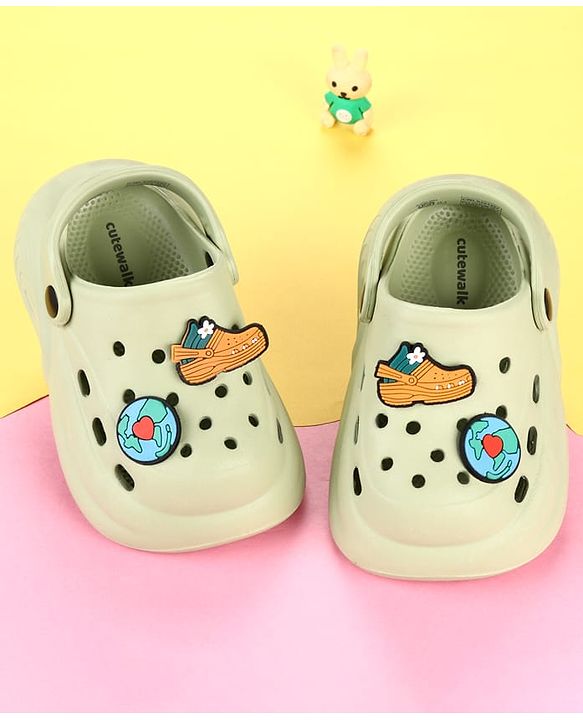 Cute Walk by Babyhug Back Strap Clogs With Shoes & Earth Applique - Olive Green