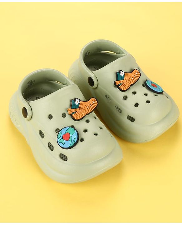 Cute Walk by Babyhug Back Strap Clogs With Shoes & Earth Applique - Olive Green