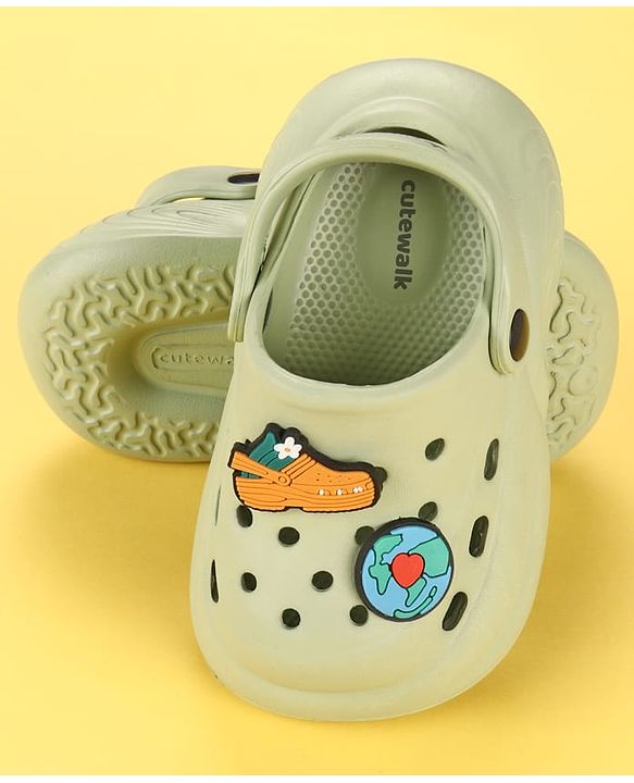Cute Walk by Babyhug Back Strap Clogs With Shoes & Earth Applique - Olive Green